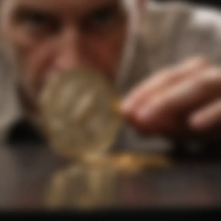 An expert examining a gold coin with a magnifying glass, highlighting appraisal techniques.