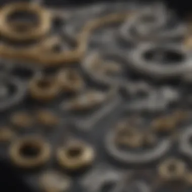 A close-up view of gold and silver jewelry laid out on a velvet cloth, showcasing their luster.