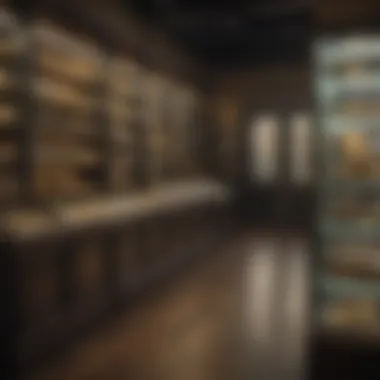 A pawn shop's interior featuring shelves filled with various gold and silver items available for sale.