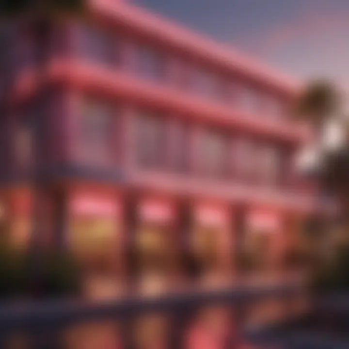 A stunning view of the Flamingo Hotel's exterior, featuring vibrant pinks and tropical landscaping