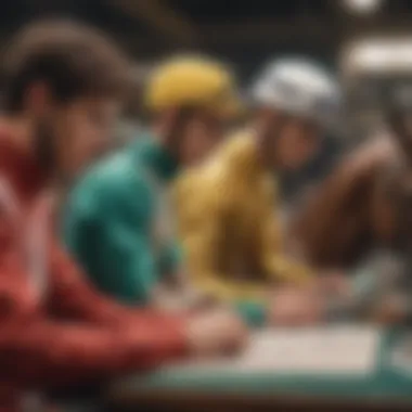 Close-up of jockeys studying form guides before a race