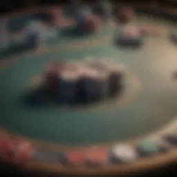 An intricate layout of a seven card poker table showcasing various chips and cards.