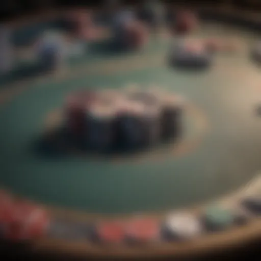 An intricate layout of a seven card poker table showcasing various chips and cards.