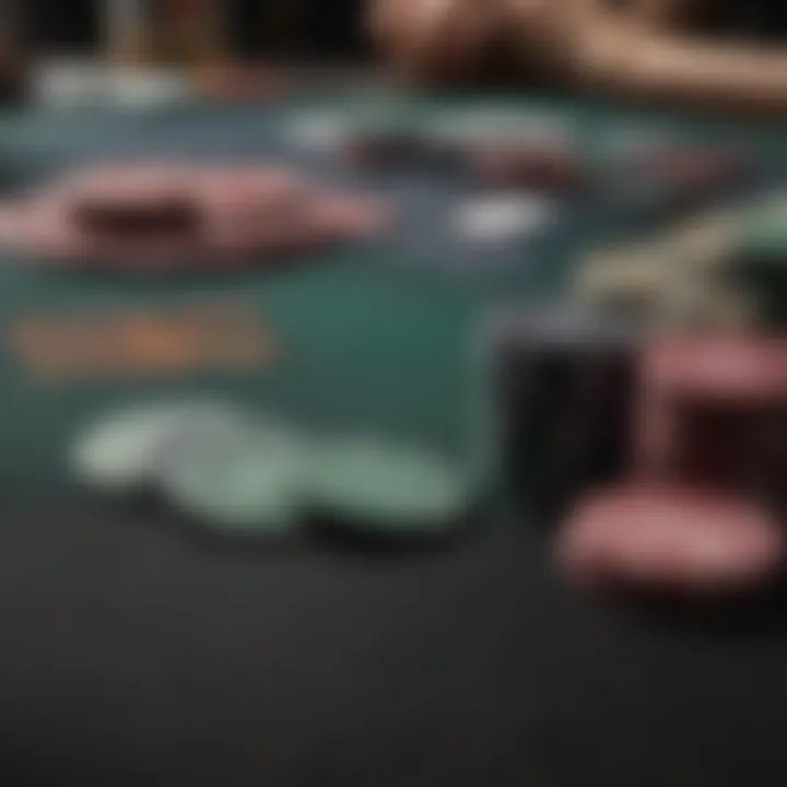 Close-up of poker chips and cards on a felt table, signifying strategy in play.