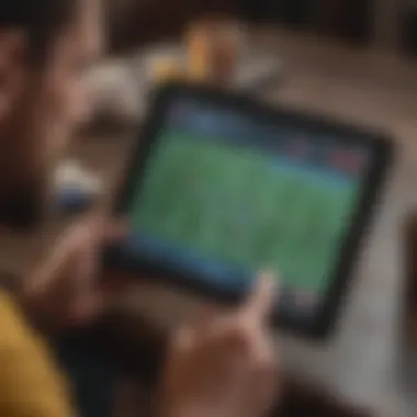 A close-up of a user interacting with a sports betting app on a tablet.