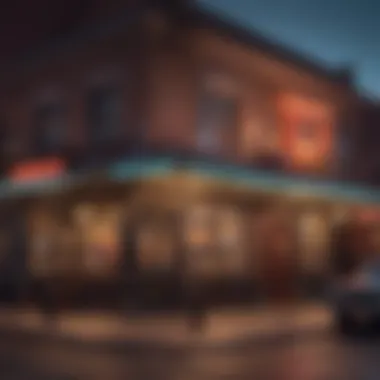 Historic building housing a popular eatery with neon lights