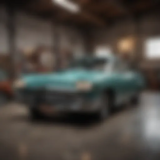 A sleek vintage car being restored in Gas Monkey Garage
