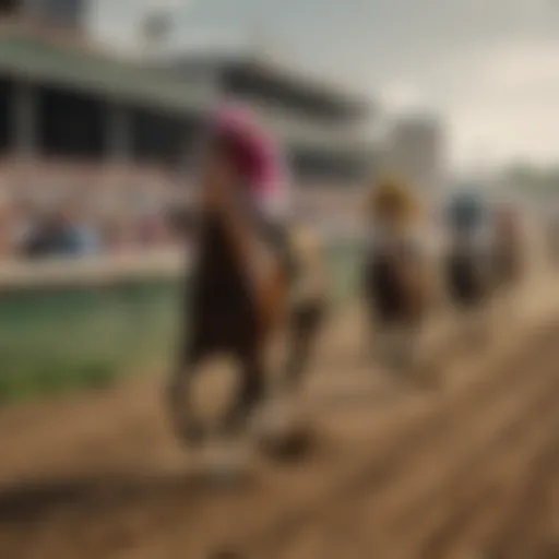 A vibrant scene capturing the excitement of the Kentucky Derby with spectators cheering.