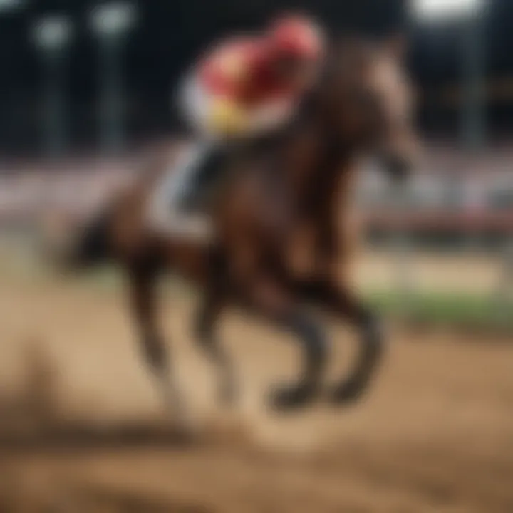 A close-up of a thoroughbred horse racing down the track, showcasing its power and speed.