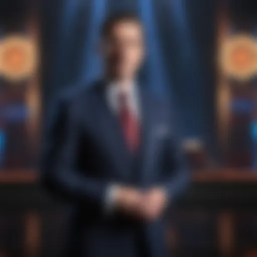 Quiz Show Host with Illuminated Stage Background