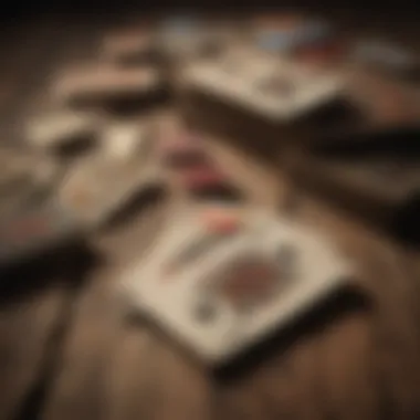 Old playing cards spread on wooden surface