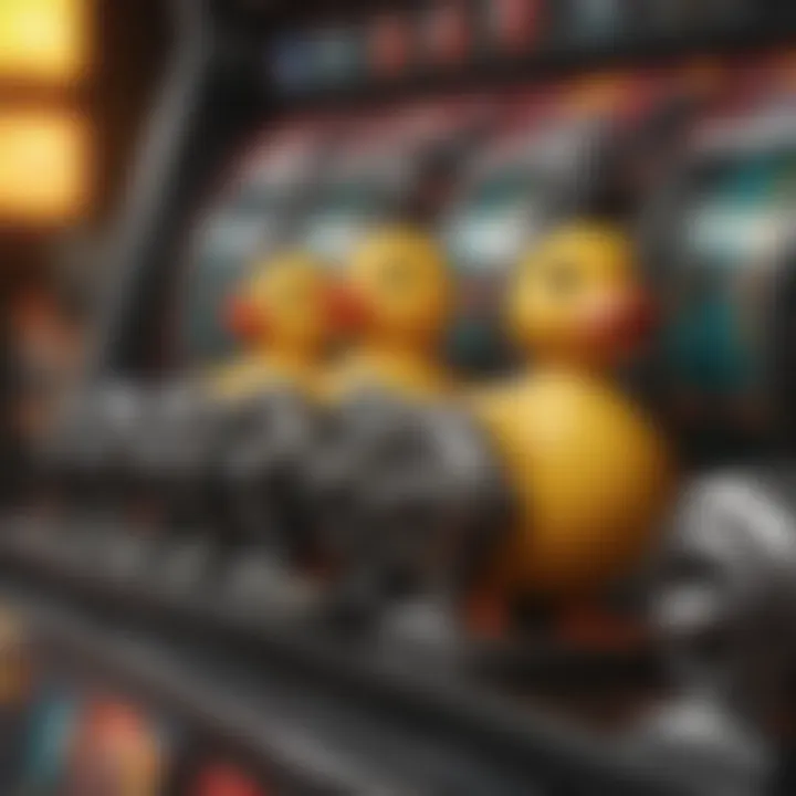 Close-up view of the spinning reels in the Lucky Ducky Slot Machine, highlighting the colorful symbols