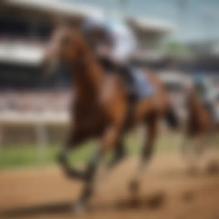 A close-up of a racehorse in full stride on the track