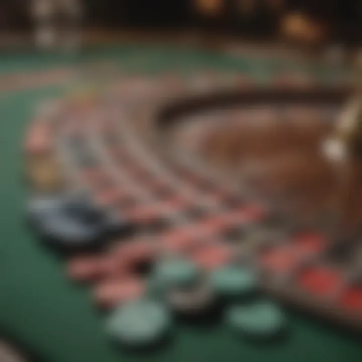 Close-up of various betting chips on a roulette table