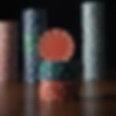 A dramatic close-up of poker chips stacked high, symbolizing high stakes.