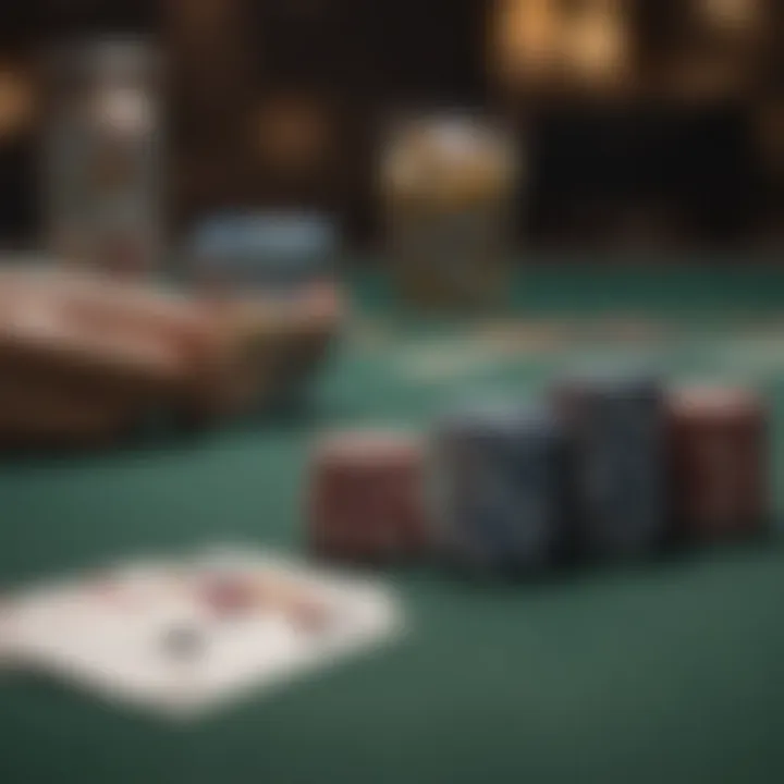 A close-up of poker chips and cards on a table