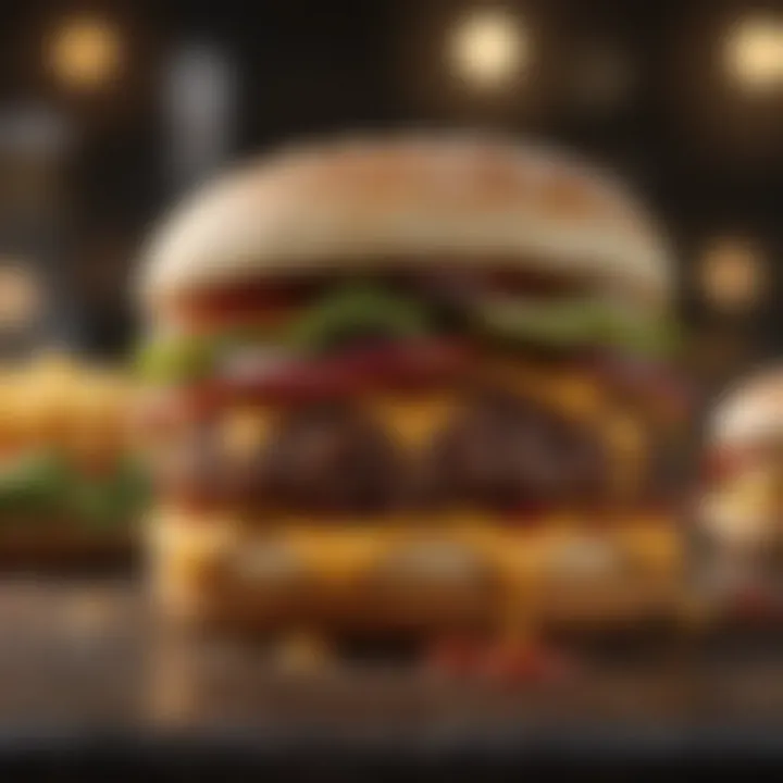 Close-up of a cheeseburger showcasing layers of flavors and textures