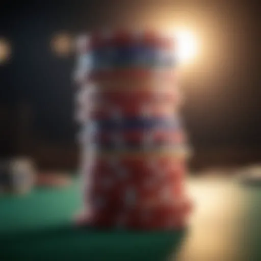 Poker chips stacked high in dramatic lighting