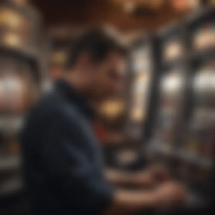 A maintenance technician inspecting a slot machine.